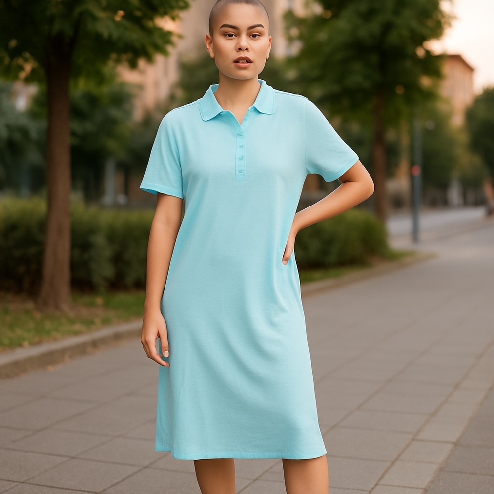 Blue Buttoned Polo Shirtdress Short Sleeve Size Large